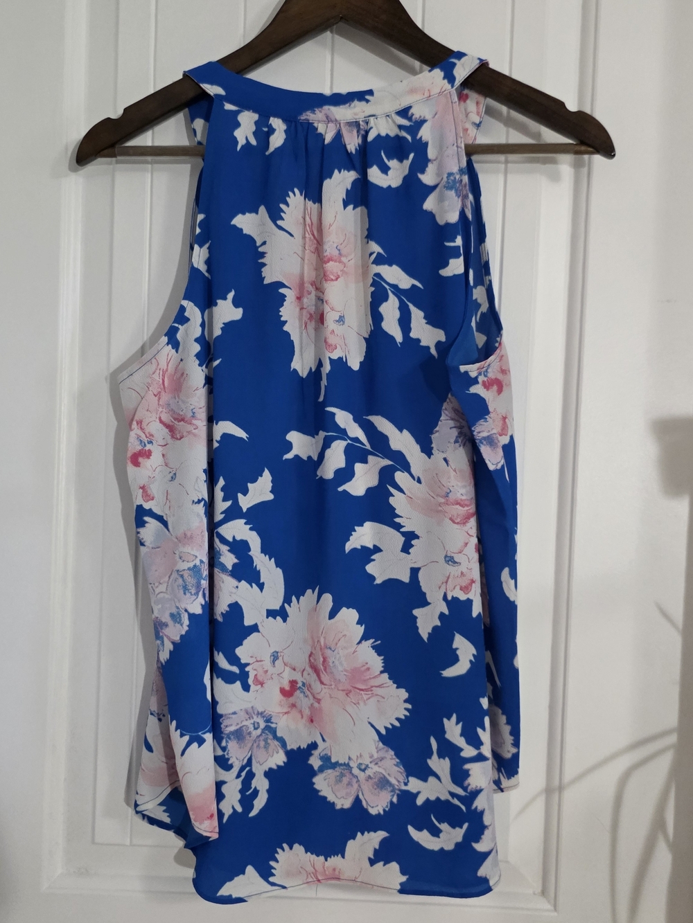 Rose + Olive Medium Blue Pink Floral Sleeveless Tassel Tie Blouse Boho Top - Picture 8 of 11